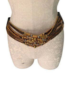 Avignon Womens Statement Belt Size S/M Gold Silver Black Adjustable Vintage Glam